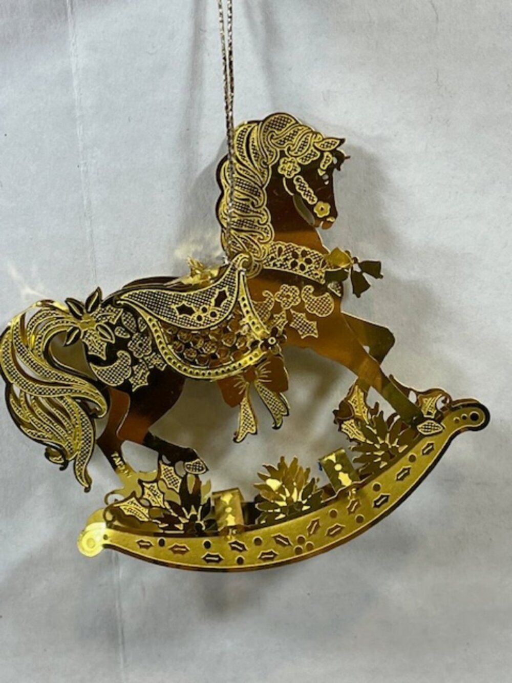 VTG Gold-Tone Metal Cutout Etched Metallic Rocking Horse Christmas Ornament 3.5"